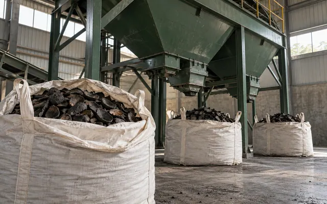 Plain bulk bags of charcoal stand beneath a hopper in a factory receiving hall