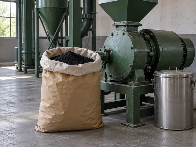 An open powder sack stands beside a closed industrial mill and steel transfer bin